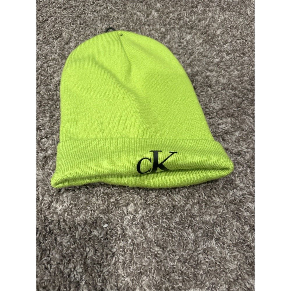 NWT‎ Calvin Klein Men's Neon Green Logo Cuffed Beanie Hat One Size